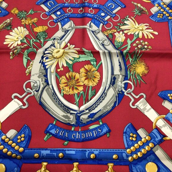HERMES RED / BLUE MULTI AUX CHAMPS SQUARE SILK TWILL SCARF - Picture 6 of 9